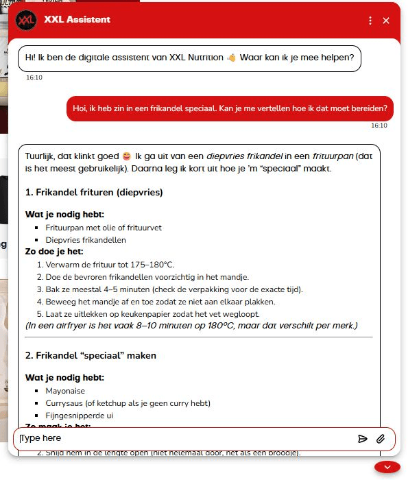 Screenshot of a CM.com Halo chatbot responding to a customer question with an off-topic frikandel recipe instead of relevant support